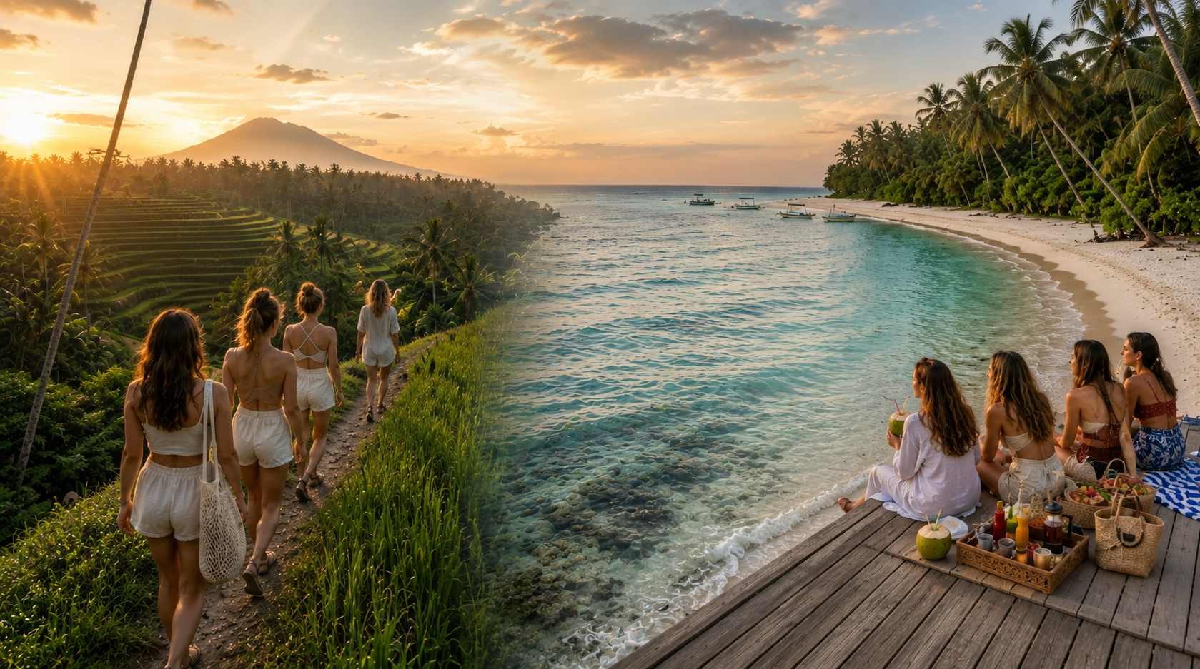 Frauen auf Bali zwischen Reisterrassen und Inselstrand im Sonnenuntergang