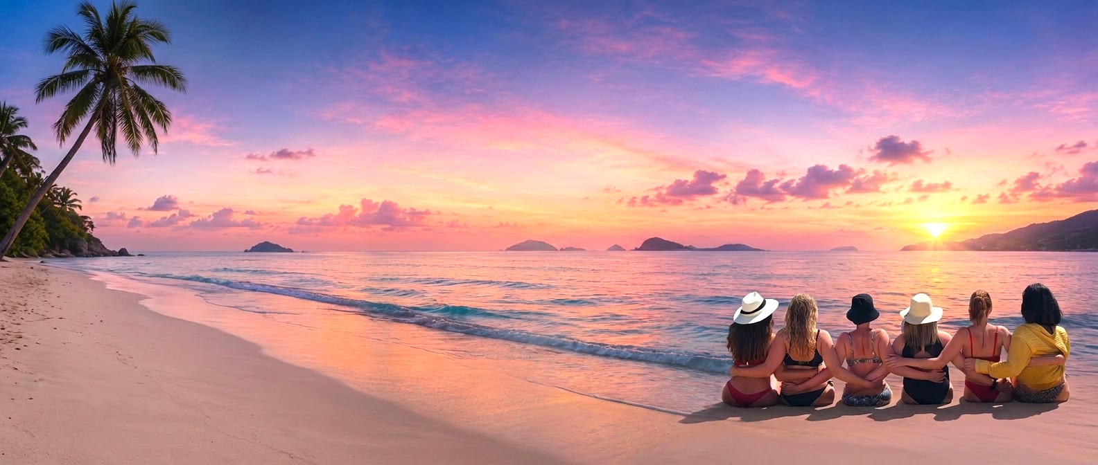 Frauen genießen gemeinsam den Sonnenuntergang am Strand