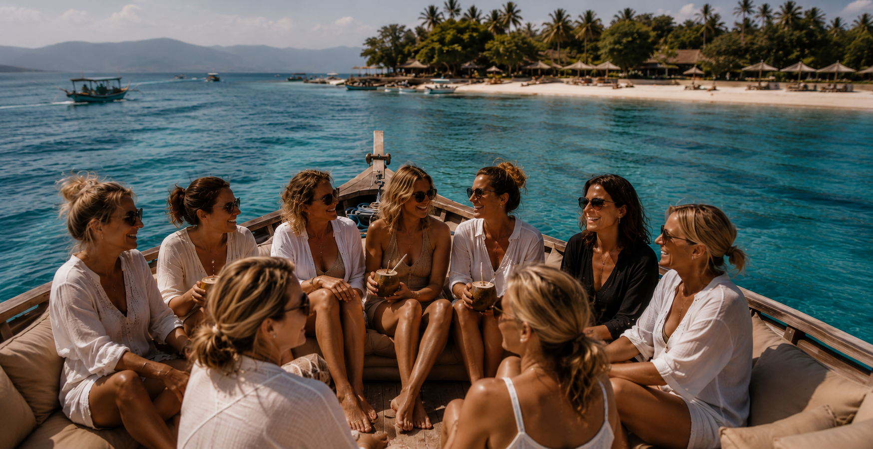 Lachende Frauengruppe auf dem Boot zu den Gili Inseln