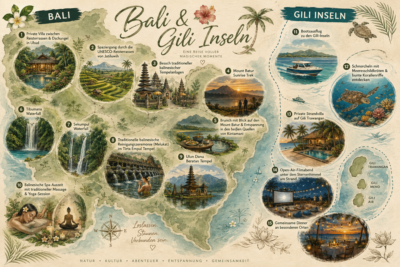 Illustrierte Karte der Bali & Gili Highlights