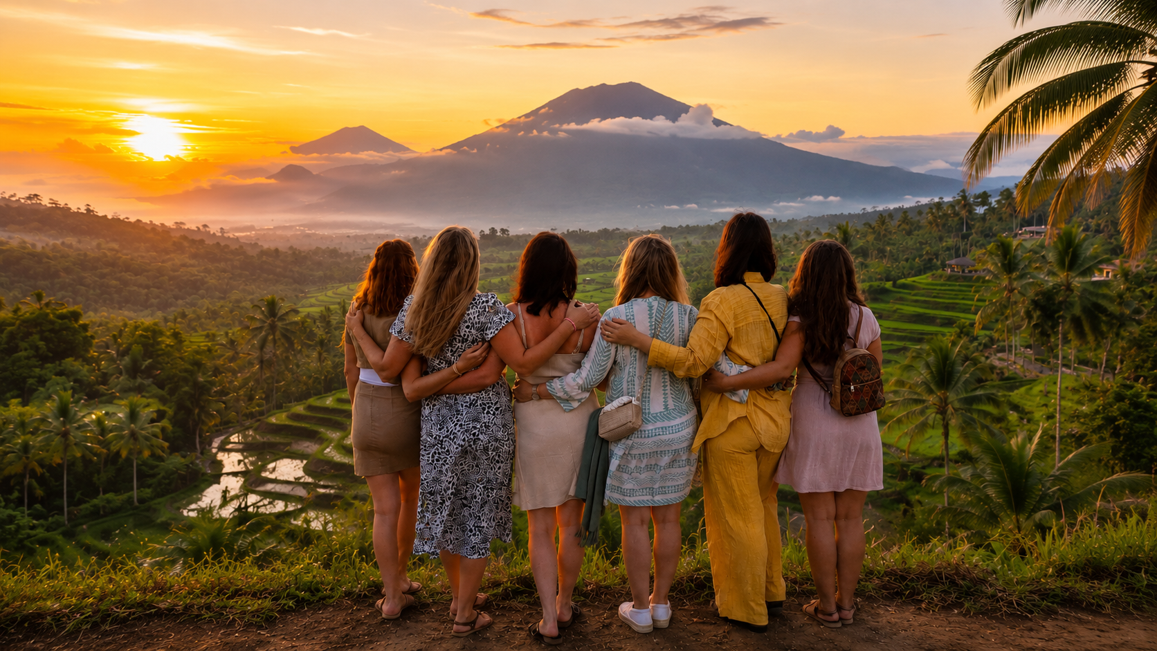 Frauengruppe beim Sonnenaufgang über den Reisterrassen auf Bali