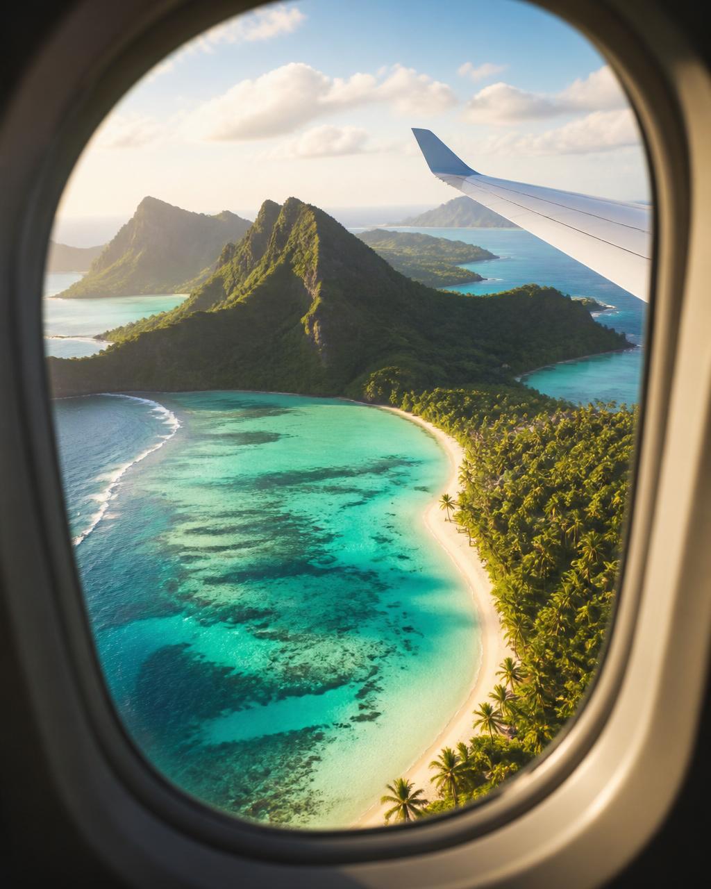 Blick aus dem Flugzeug auf eine Trauminsel
